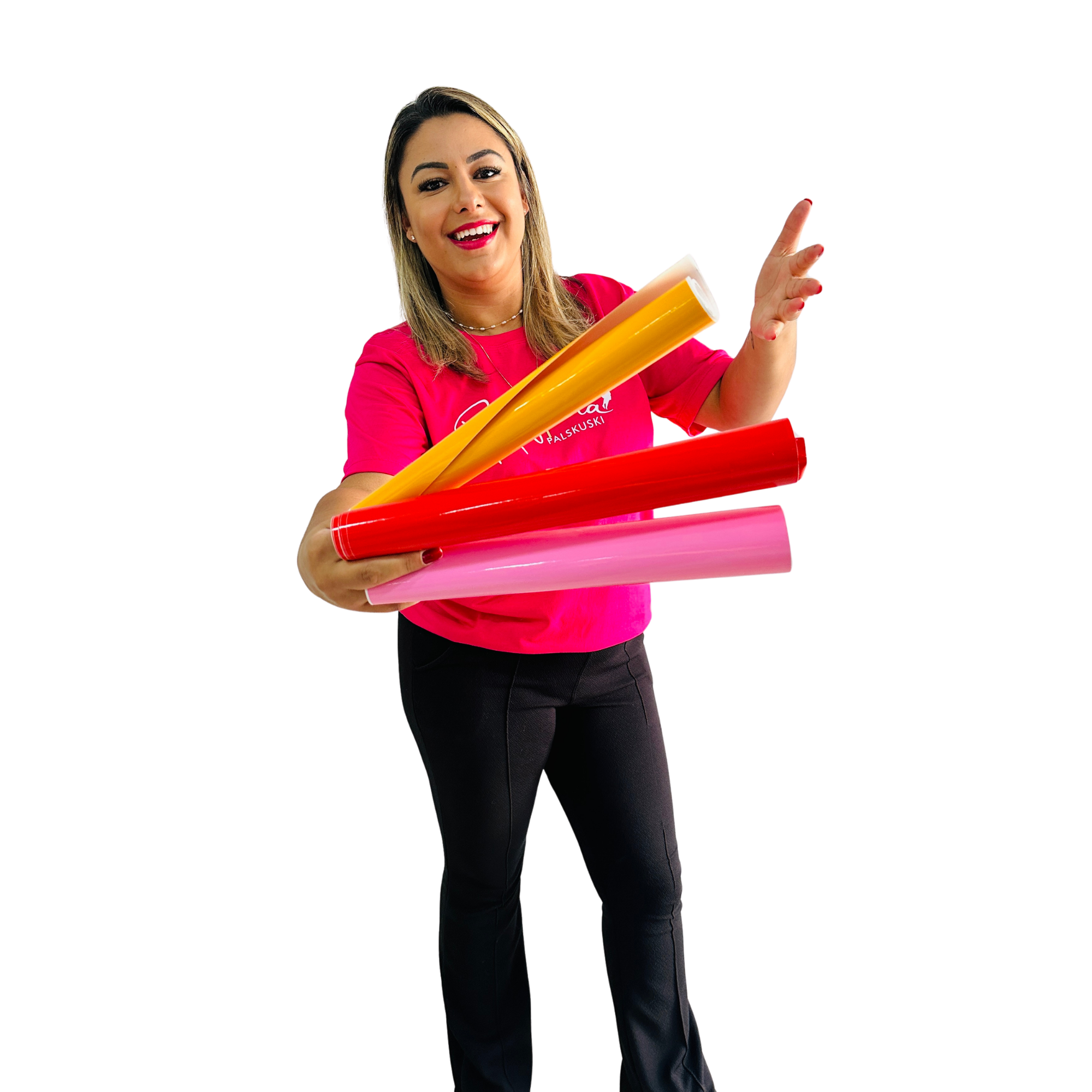 Rafaela com materiais para personalização de balões